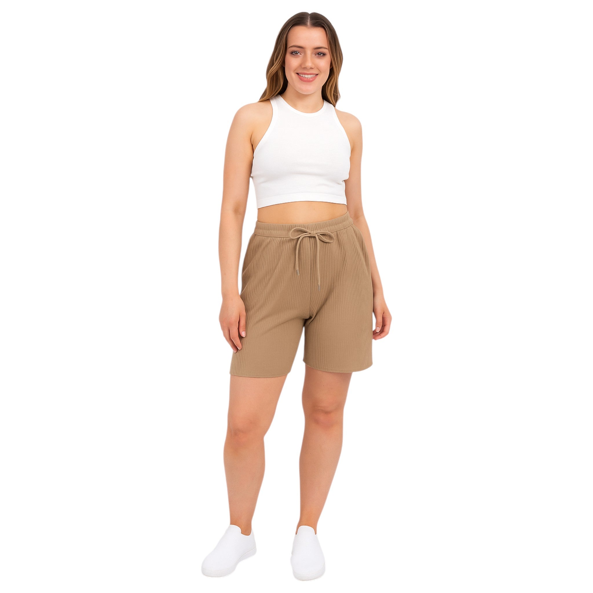 Women's pleated lounge shorts in mushroom with drawstring waist – soft casual summer shorts